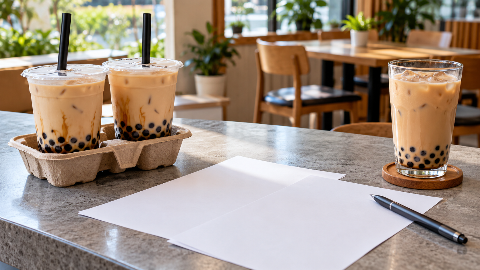 Two takeaway cups and a dine-in glass beside separate planning sheets