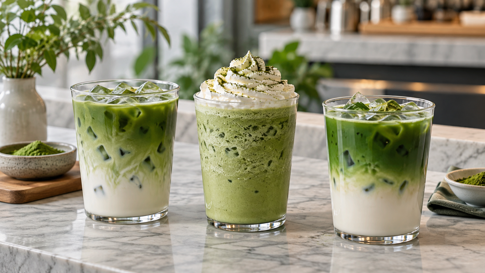 Finished matcha drinks presented for a restaurant menu trial