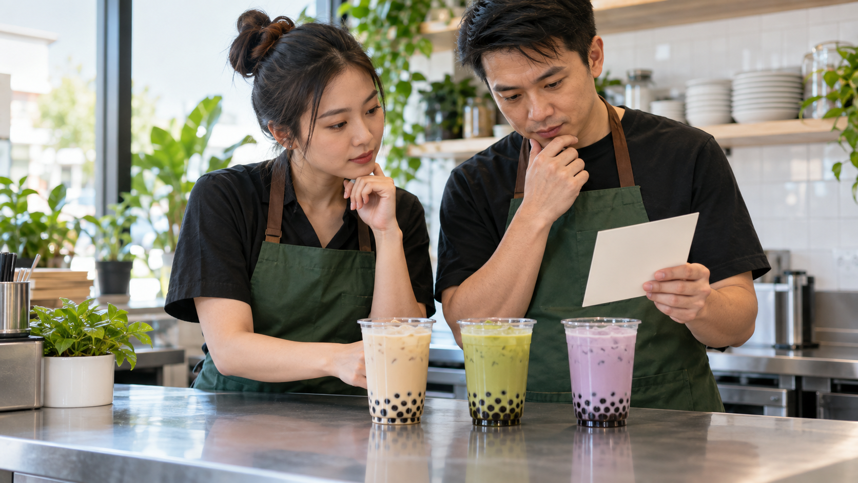 Restaurant team comparing a small menu card with drink samples