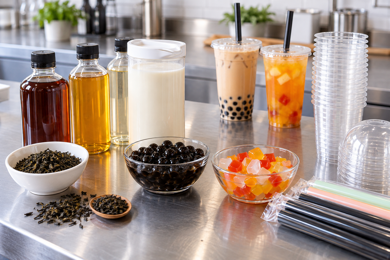 Bubble tea supplies arranged on a restaurant prep counter with tea, flavor ingredients and cups.