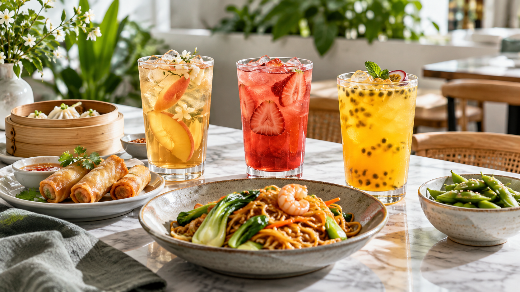 Contrasting fruit teas arranged beside restaurant food