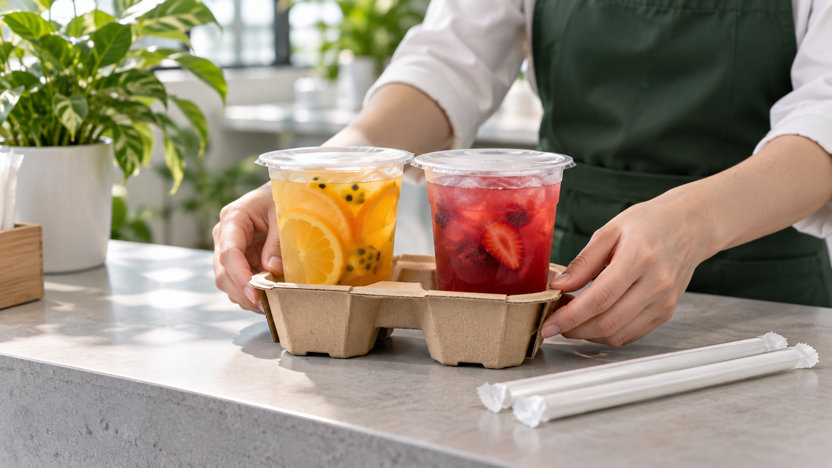 Sealed fruit tea drinks staged for a restaurant pickup trial