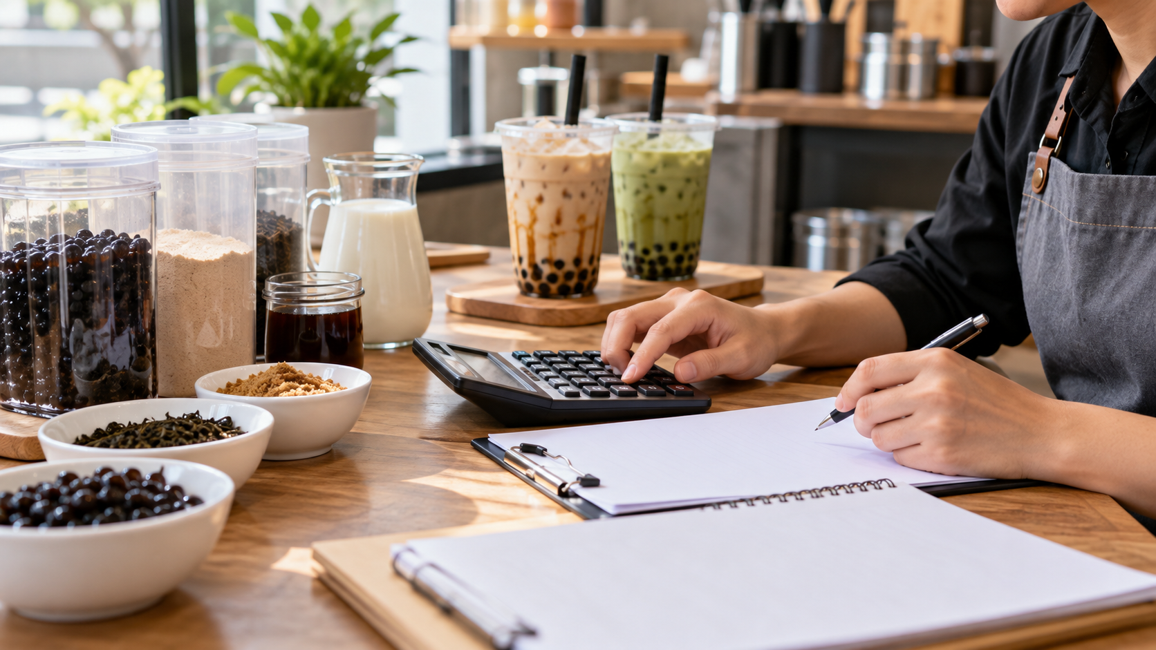 Manager checking packaging and ingredient records with a calculator