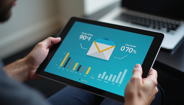 High angle view of a person analyzing email marketing campaign results on a tablet