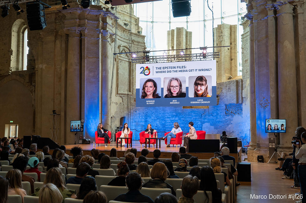 Investigating the Press: A packed session titled "The Epstein Files: Where Did the Media Get It Wrong?" featuring panelists Monique El-Faizy, Jess Michaels, and Lucia Osborne-Crowley, takes place inside one of Perugia's historic, vaulted festival venues. Photo by Marco Dottori #ijf26.