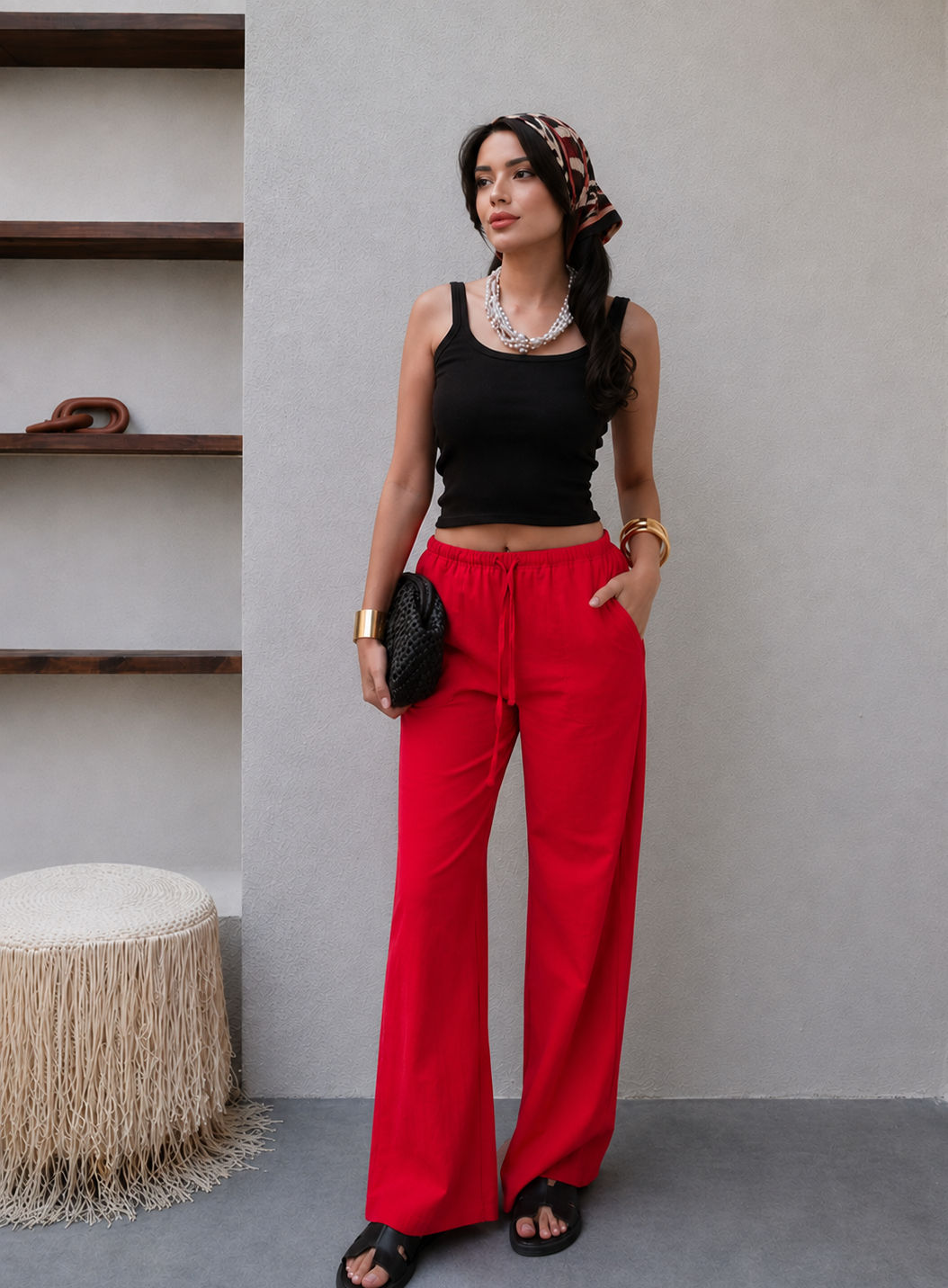 Pantalon Effet Lin Rouge