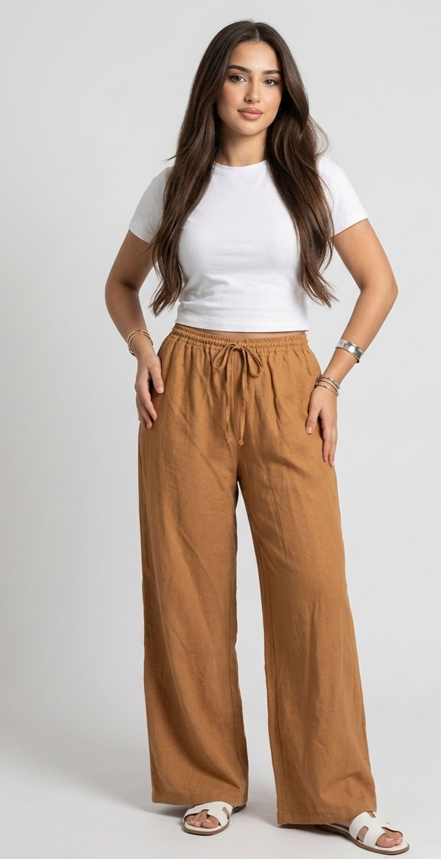 Pantalon Effet Lin Camel