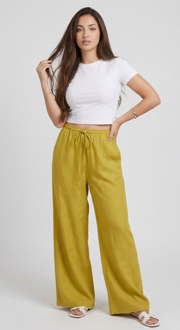 Pantalon Effet Lin Vert Kiwi
