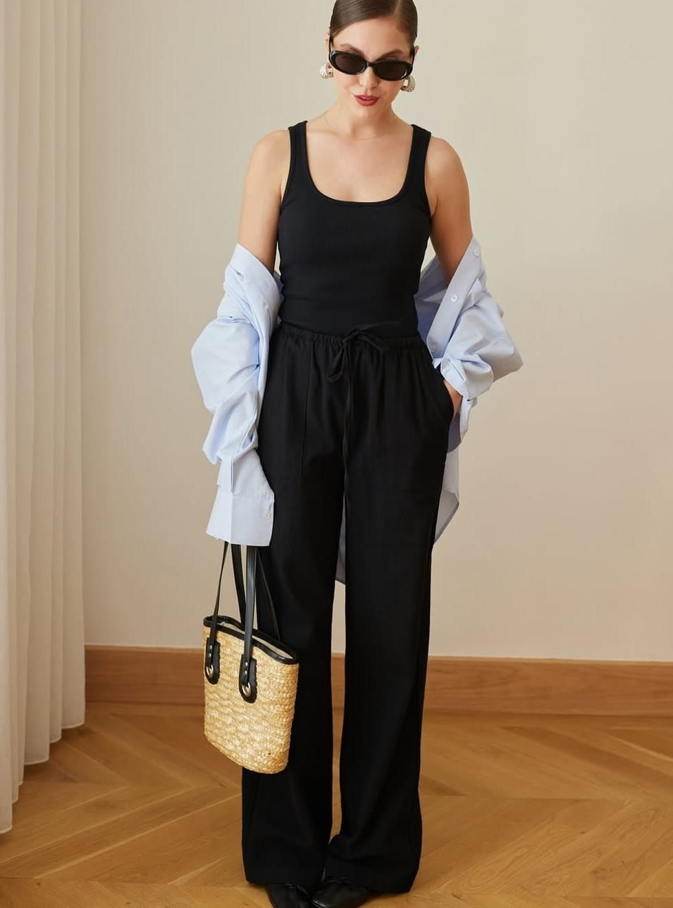 Pantalon Effet Lin Noir