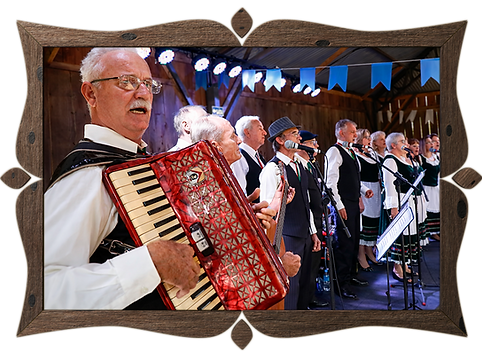 Apresentação musical típica da cultura alemã na Festa da Colônia, com grupo de cantores em trajes tradicionais e músico tocando acordeão em palco decorado.