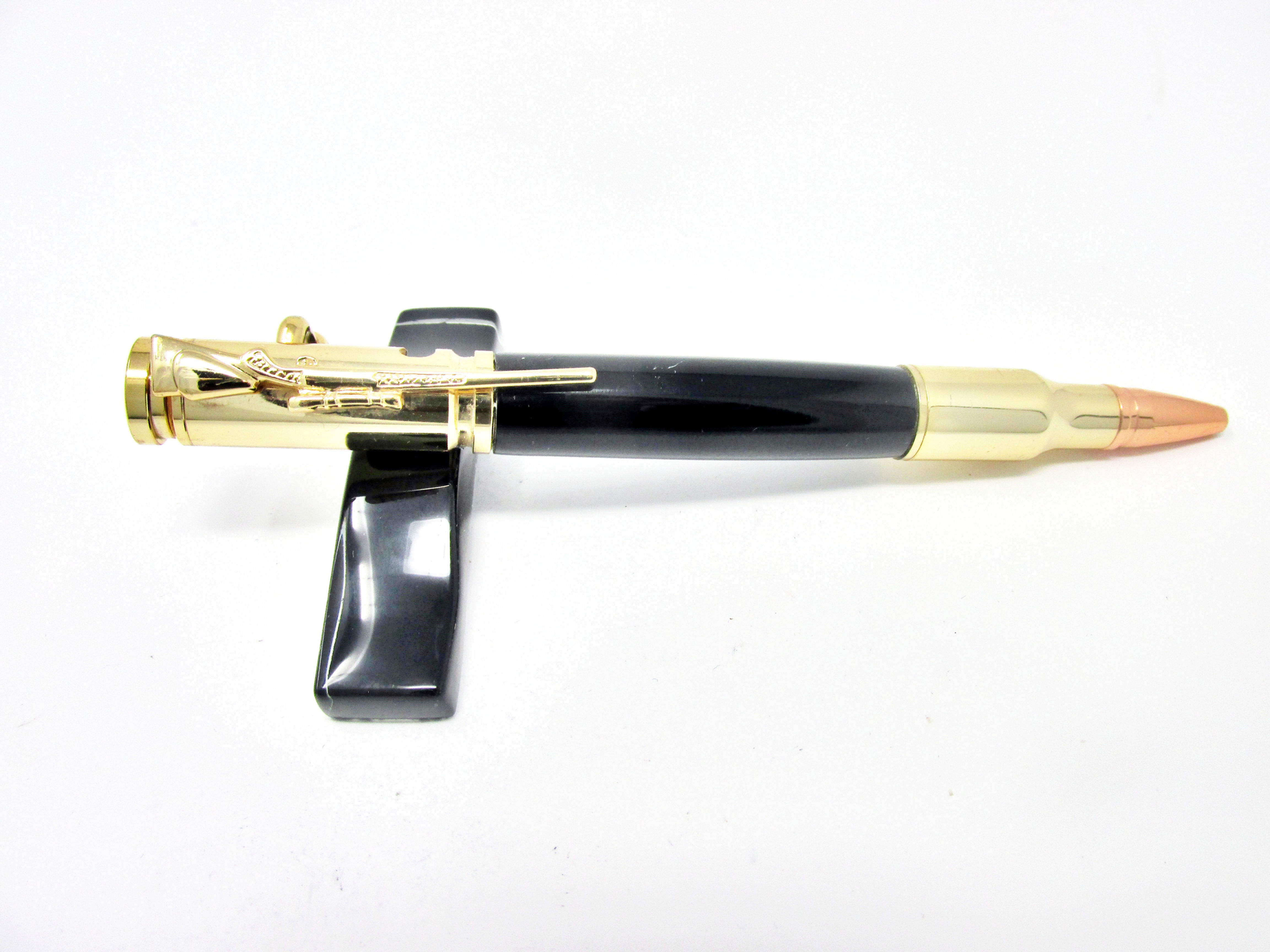 Handmade Pure Black Acrylic Bolt Action Ballpoint Pen with 24kt Gold Plating