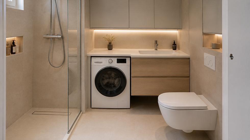 Lave-linge intégré sous un plan de travail dans une petite salle de bain