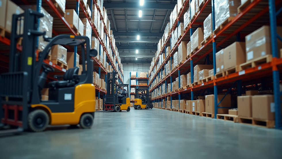 Eye-level view of a modern warehouse with organized shelves and forklifts