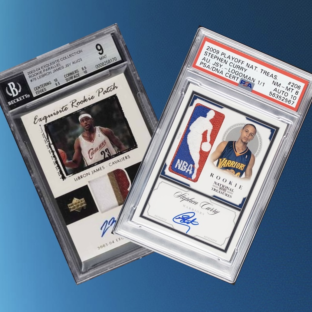 LeBron Exquisite Gold Parallel Rookie and Steph Curry National Treasures Logoman Autograph