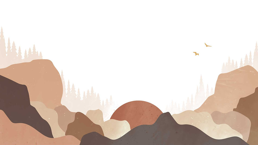 illustration of mountains, a setting or rising sun in the foreground with trees and birds flying