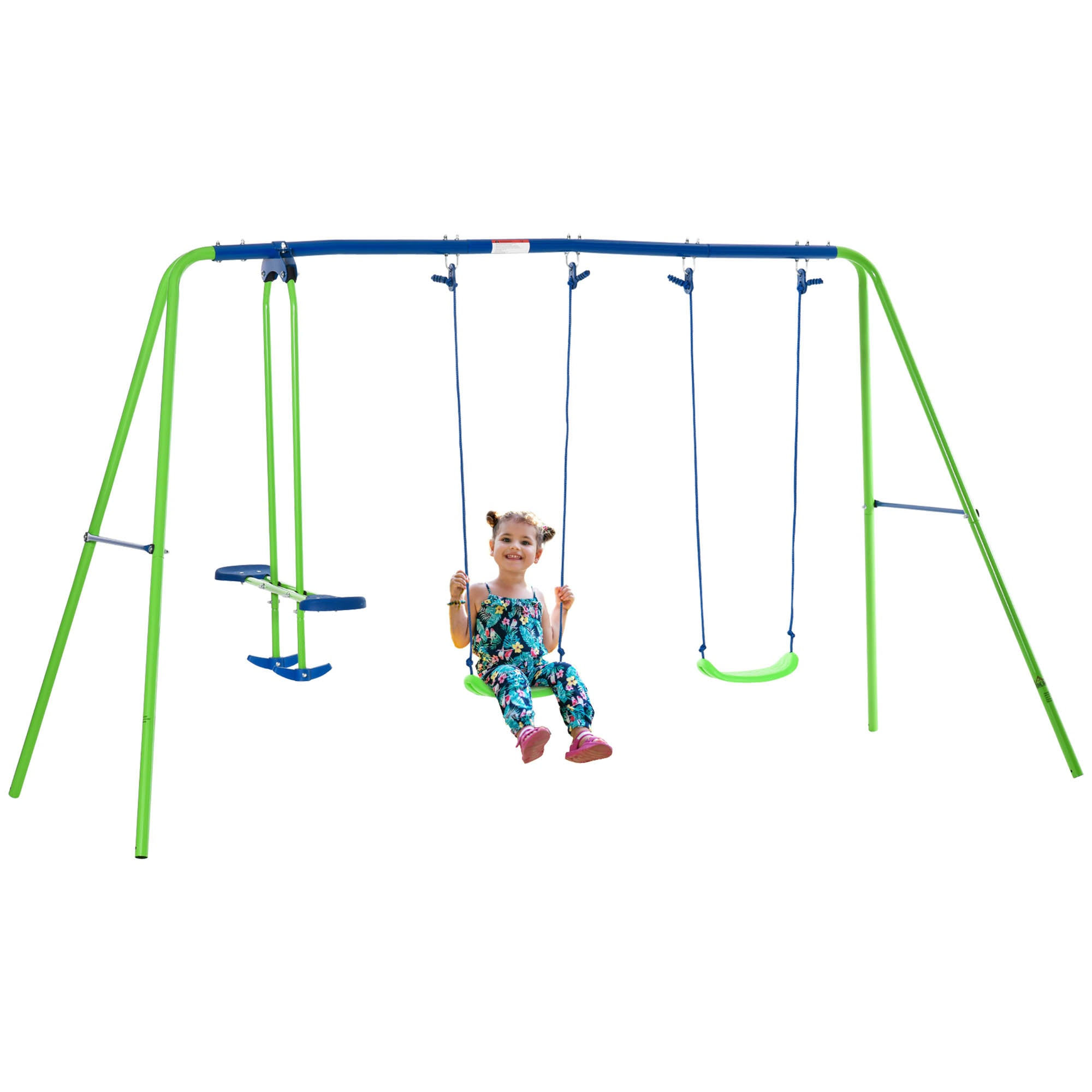 Metal Swings & Seesaw Set Double Seats with a Height Adjustable Children Outdoor