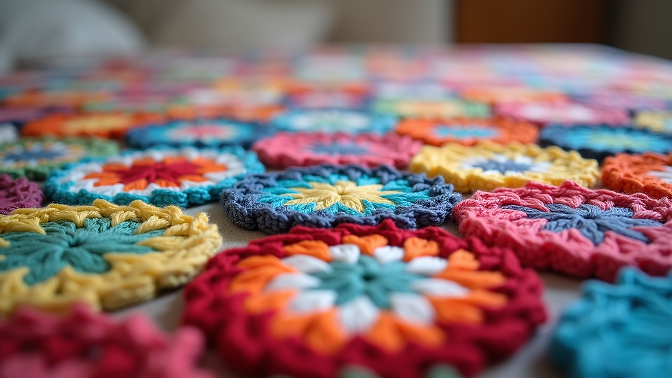 Eye-level view of a colourful crochet granny square blanket
