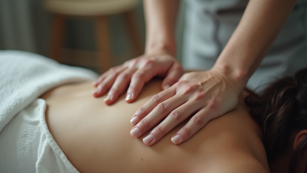 Close-up view of a myotherapist applying pressure to a patient’s back muscles