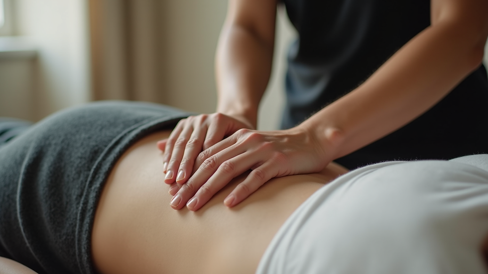 Eye-level view of a myotherapist applying pressure to a client’s shoulder muscle