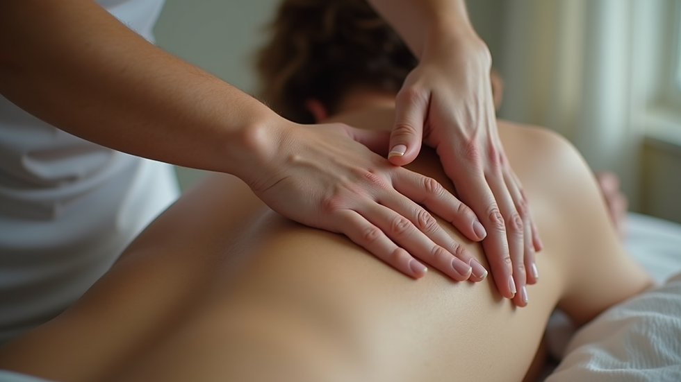 Close-up view of hands performing myofascial release on a client’s back