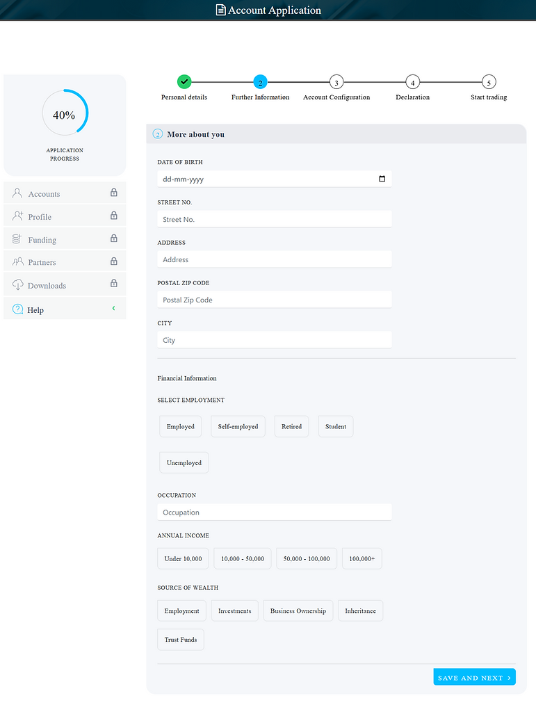 User interface showing FP Markets registration form for setting up a secure personal trading account