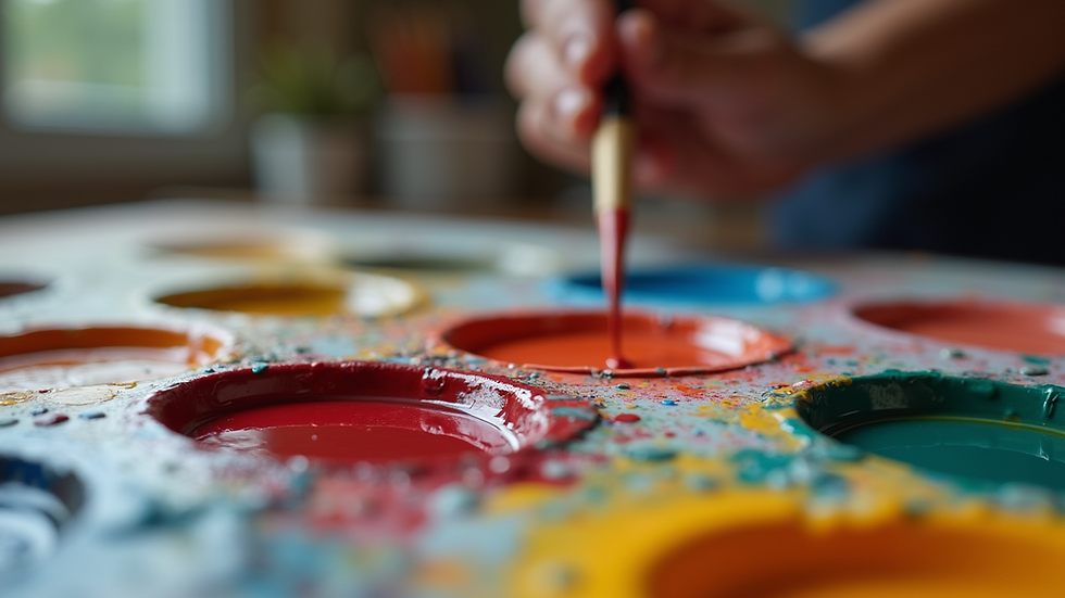 Close-up view of an artist’s palette with vibrant oil paints