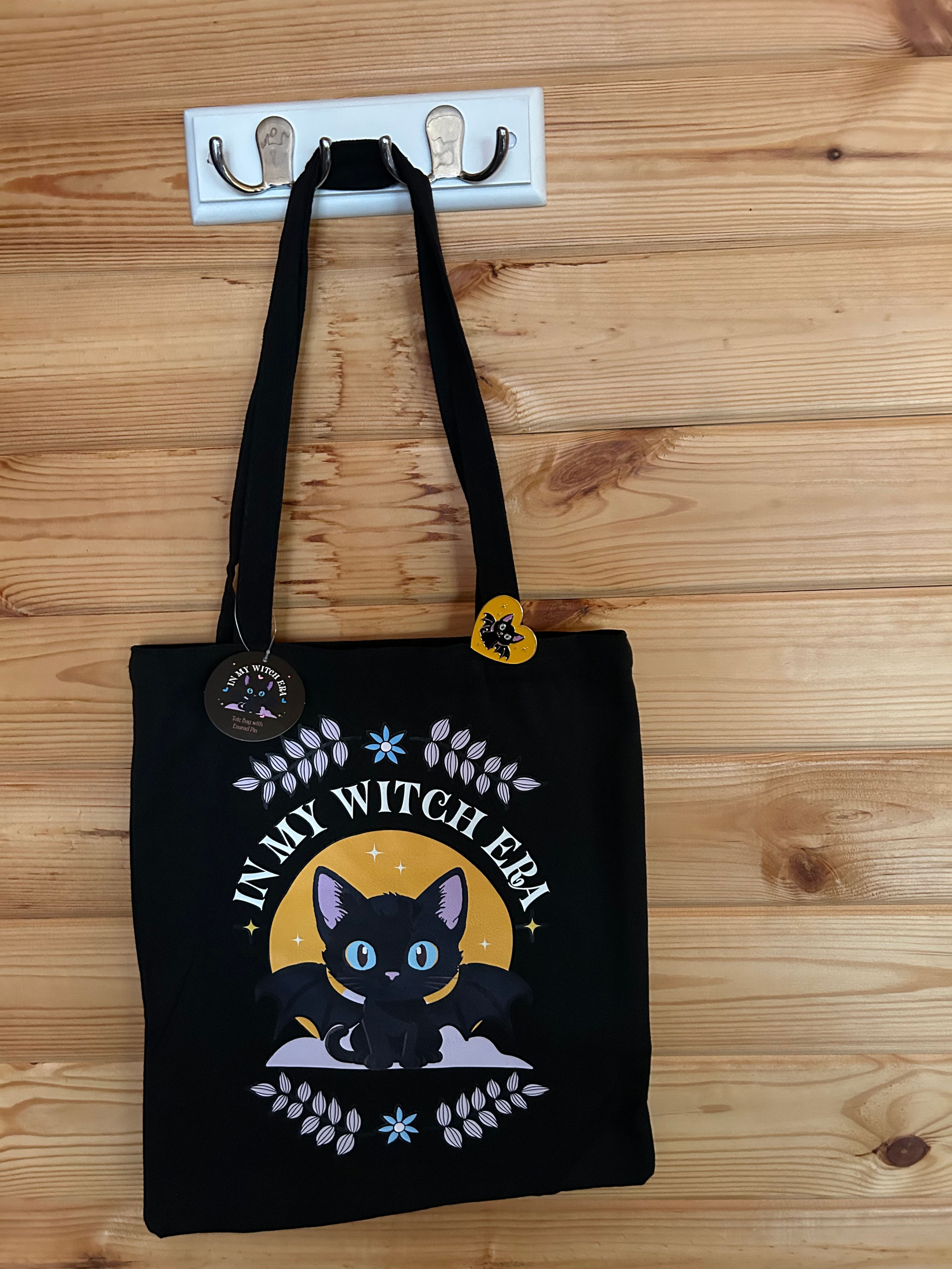 In My Witch Era Bat Cat Tote Bag with Enamel Pin
