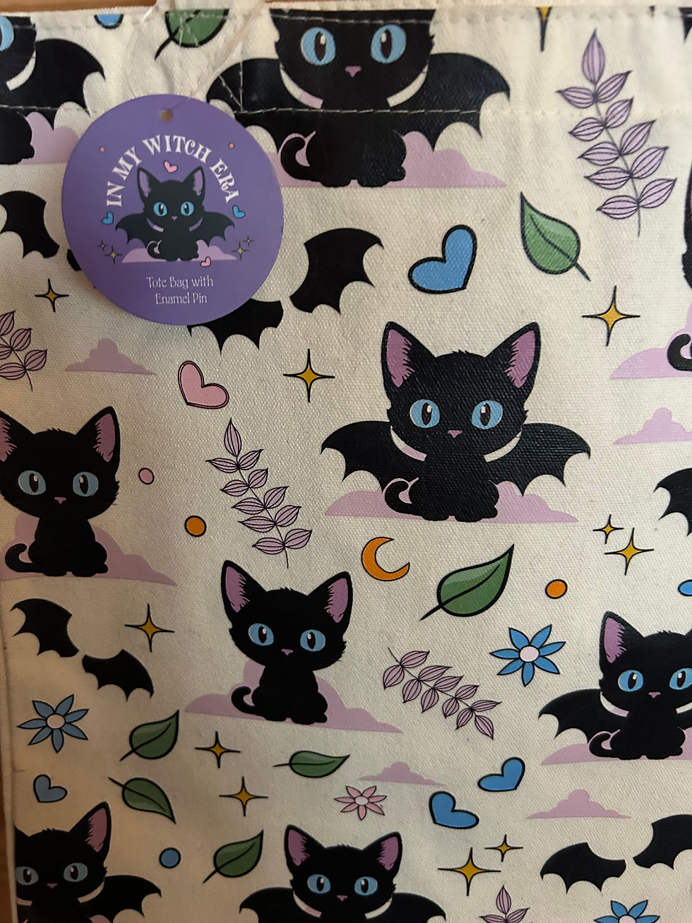 Thumbnail: Cute Bat Cat Print Polycotton Tote Bag with Enamel Pin