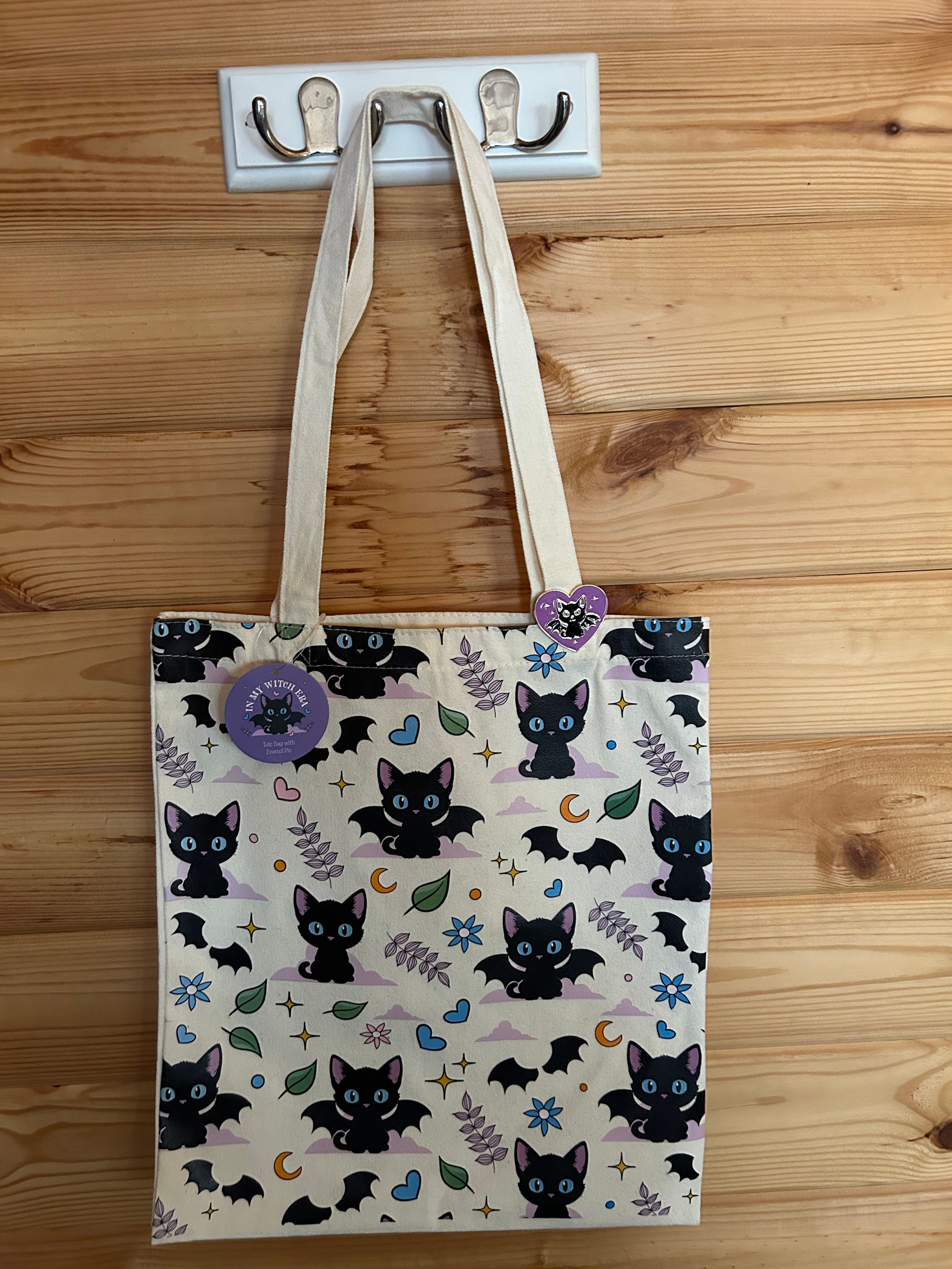 Cute Bat Cat Print Polycotton Tote Bag with Enamel Pin