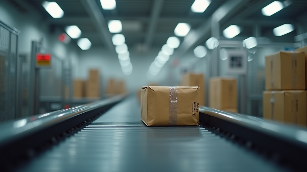 Eye-level view of conveyor belt system transporting packaged goods