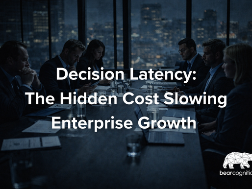 Executive team seated in a dimly lit boardroom at night, reviewing documents and laptops around a long conference table with a city skyline in the background, symbolizing organizational decision-making and enterprise friction.