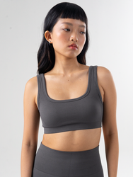Seamless activewear bra top with square neckline and low back in Stormcloud grey, close up front view