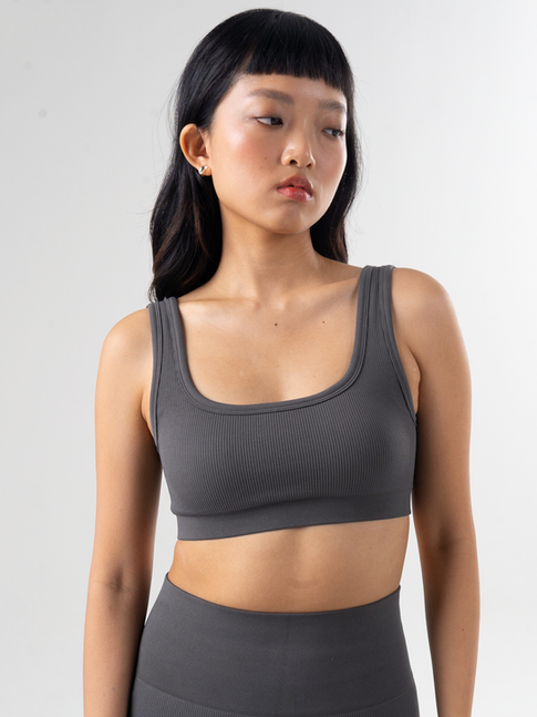 Seamless activewear bra top with square neckline and low back in Stormcloud grey, close up front view