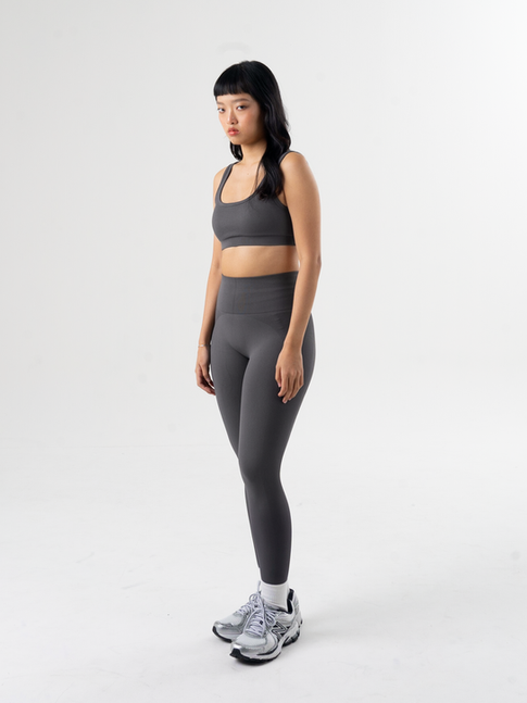 Seamless activewear bra top with square neckline and low back in Stormcloud grey, side view