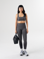 Seamless activewear bra top with square neckline and low back in Stormcloud grey, front view