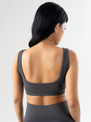 Seamless activewear bra top with square neckline and low back in Stormcloud grey, back close up view