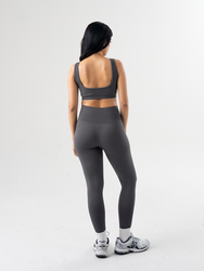 Seamless activewear bra top with square neckline and low back in Stormcloud grey, back view