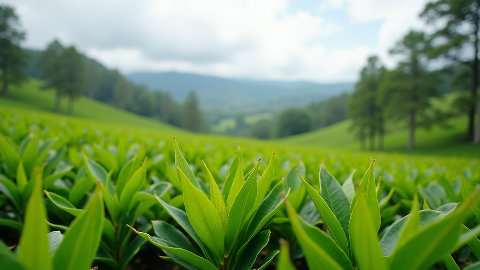 Wide angle view of lush green tea plantation in Sri Lanka
