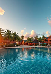 a photo realistic image of a tropical beach resort at sun set.jpg