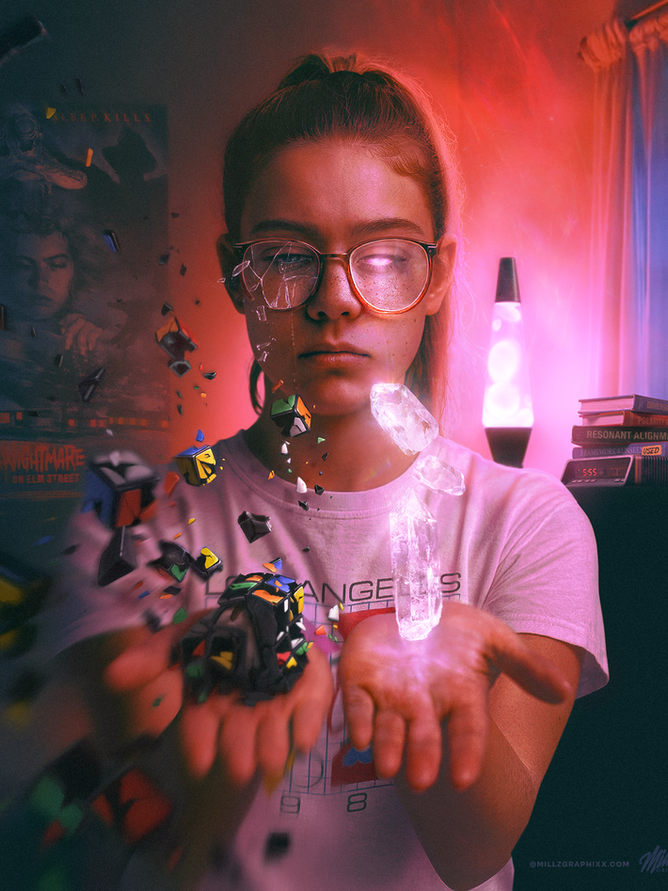 Cinematic retro sci-fi aesthetic artwork featuring an awakened teen in the 80's with broken speed cube fragments, nightmare on elm street poster, and spiritual esoteric metaphysical quantum physics books in the distance. Floating crystal quartz crystals in the palm and neon colors with broken lens and glowing eye. Spiritual awakening art on polarity and duality of yin and yang 