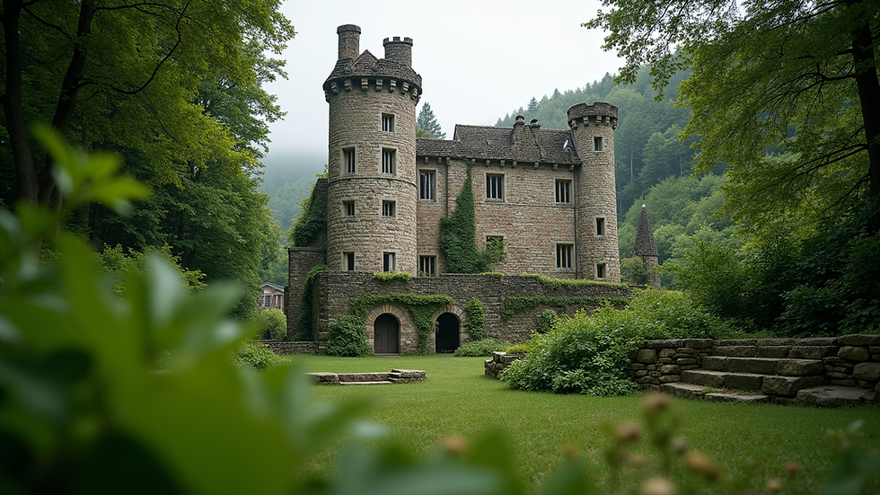 Eye-level view of an ancient stone castle surrounded by lush greenery