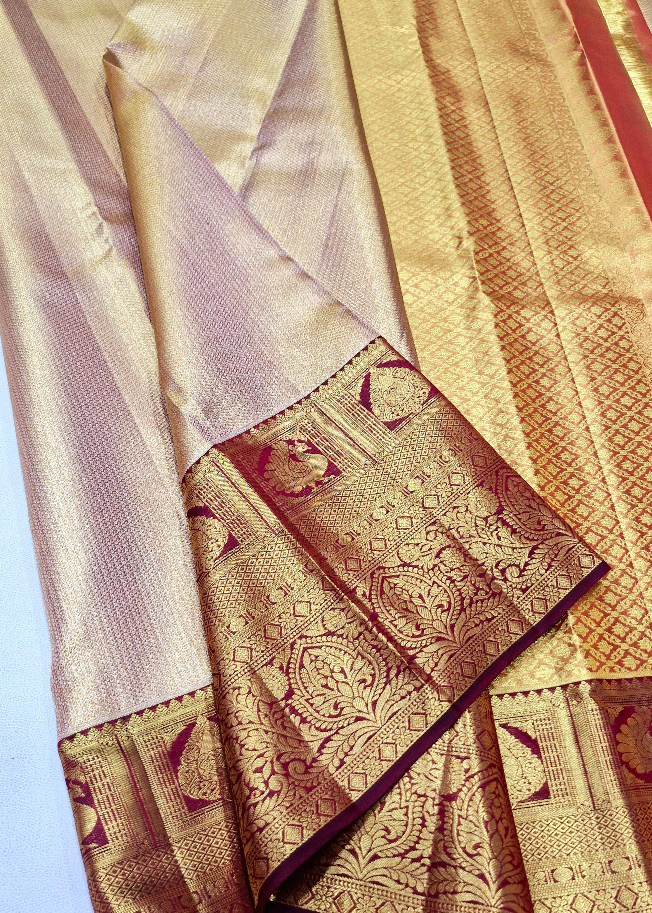 Magenta colour with golden cream colour Kanchipuram pure silk bridal saree 