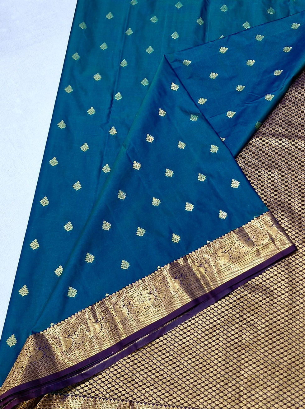 Thumbnail: Coffee brown colour with peacock blue colour Kanchipuram pattu saree