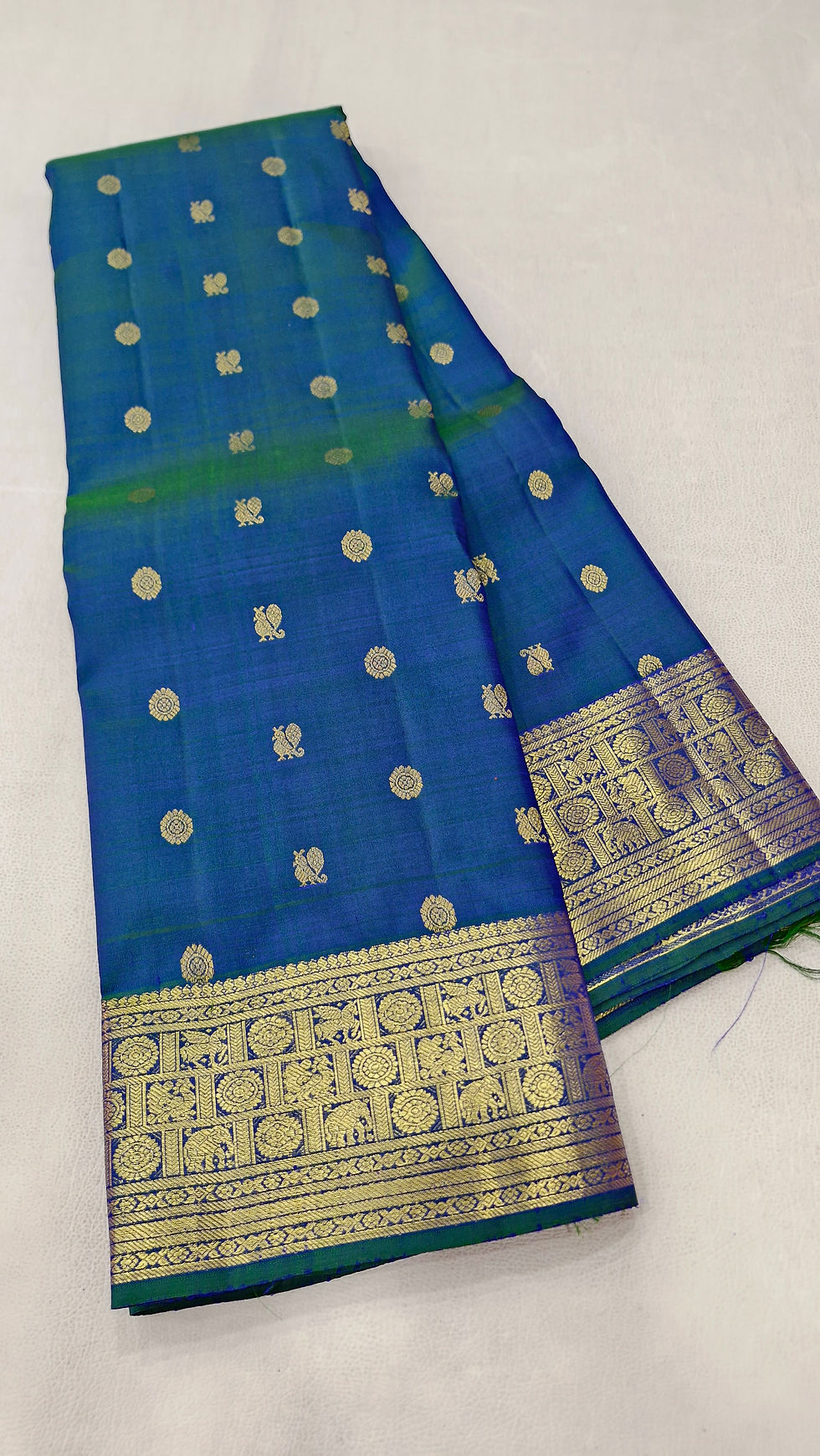 Thumbnail: Peacock blue colour Kanchipuram pure silk saree 