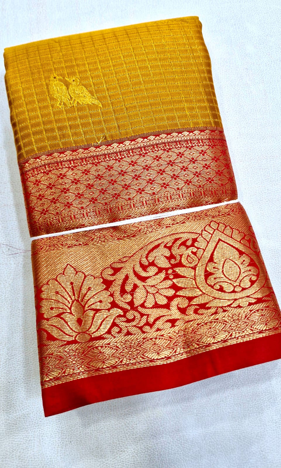 Thumbnail: Red colour with golden mehndi green colour Kanchipuram pattu saree 