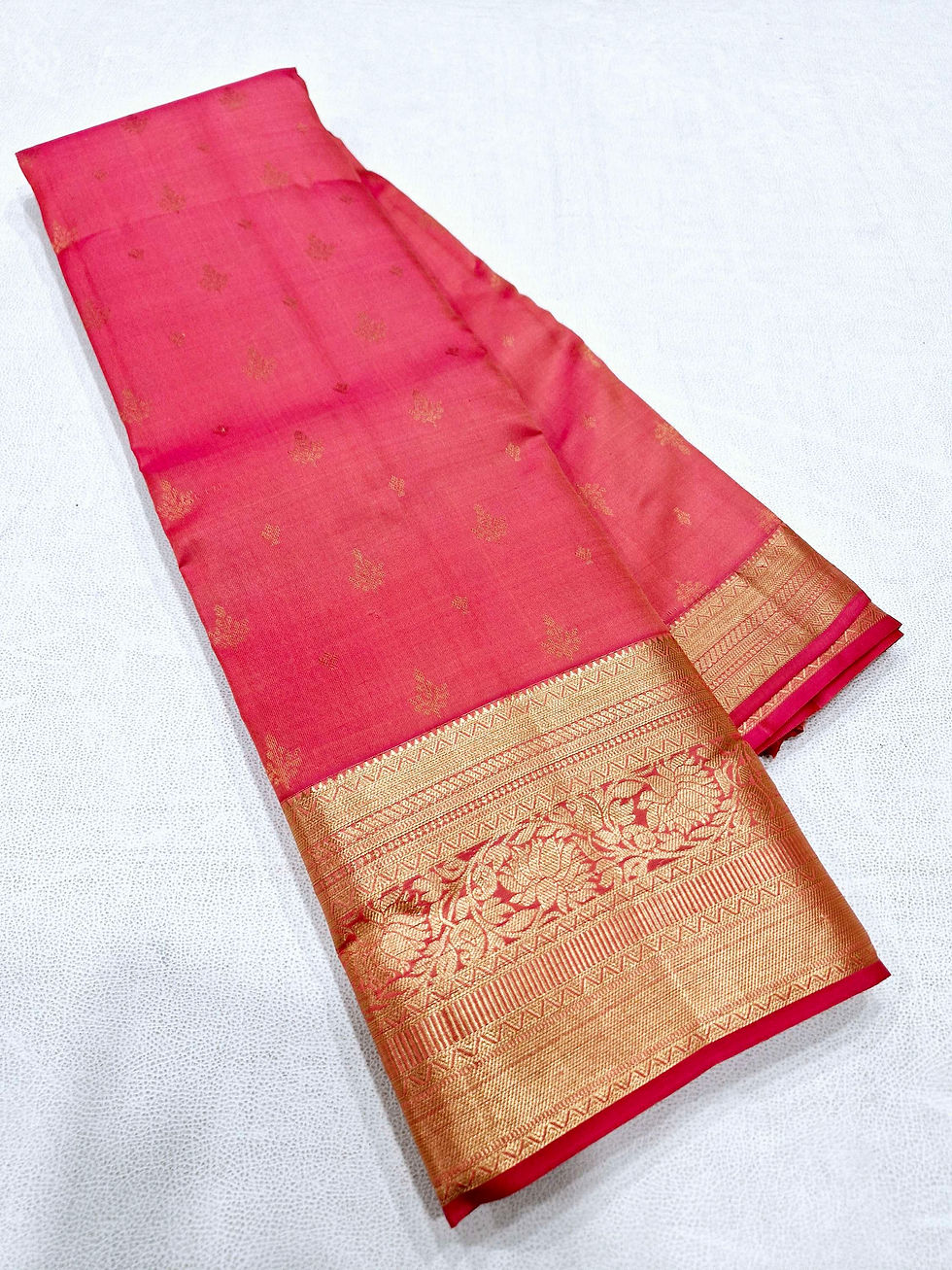 Thumbnail: Tomato peach colour kanchipuram pure silk saree 