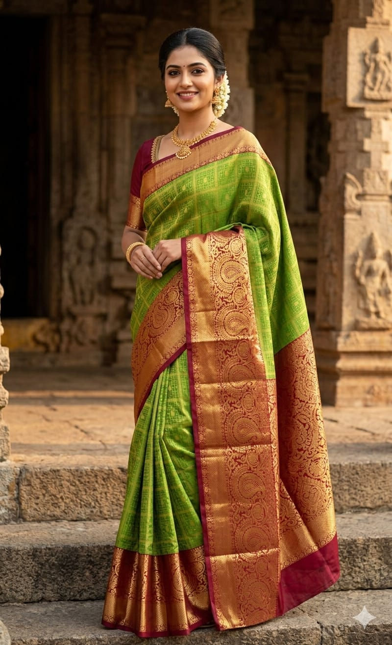 Thumbnail: Maroon colour with parrot green colour Kanchipuram pattu saree