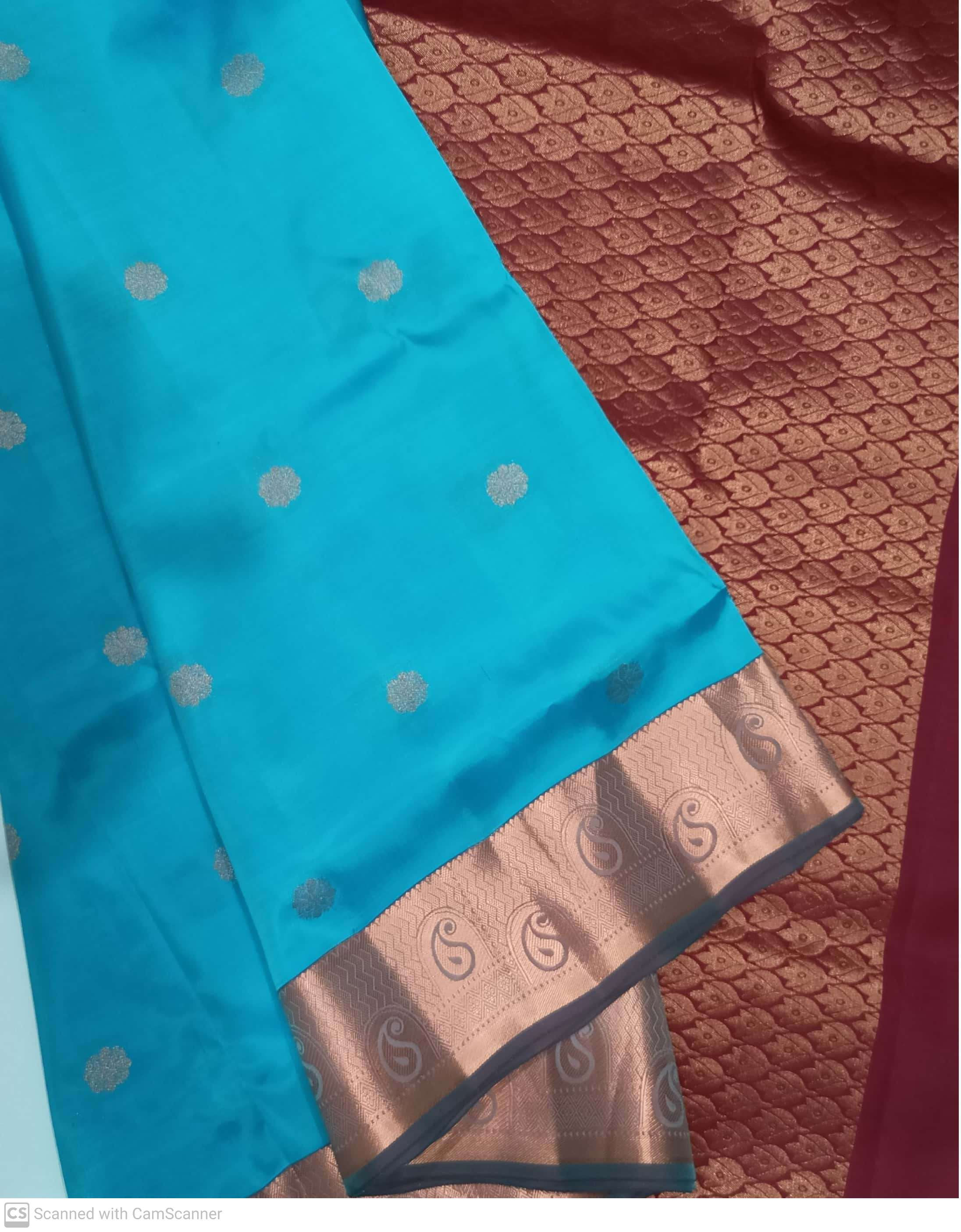 Red colour with light blue colour kanchipuram pure soft silk saree 