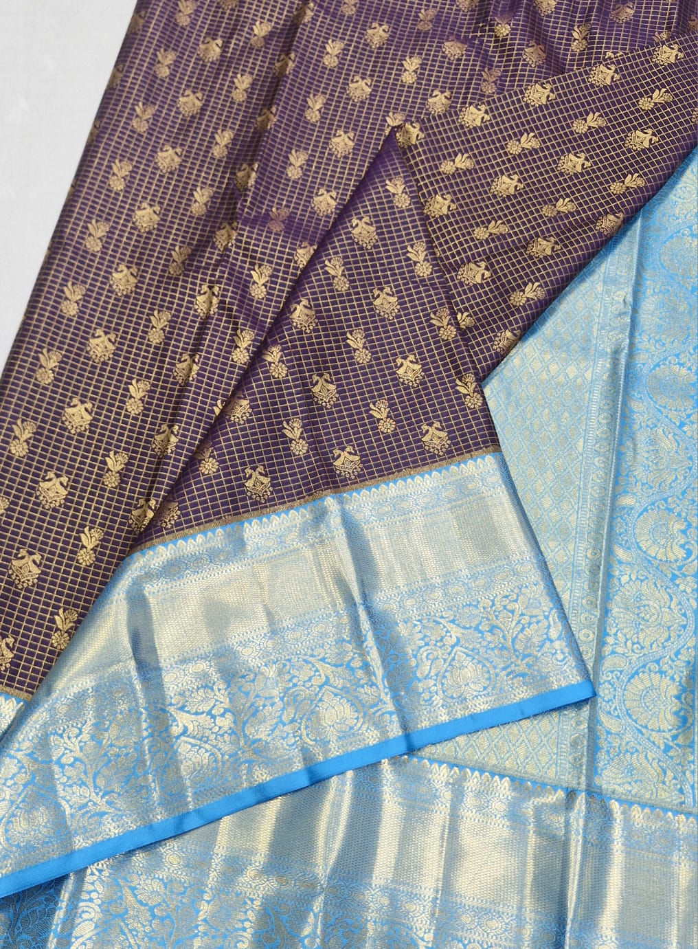 Sky blue colour with coffee brown colour Kanchipuram pattu saree