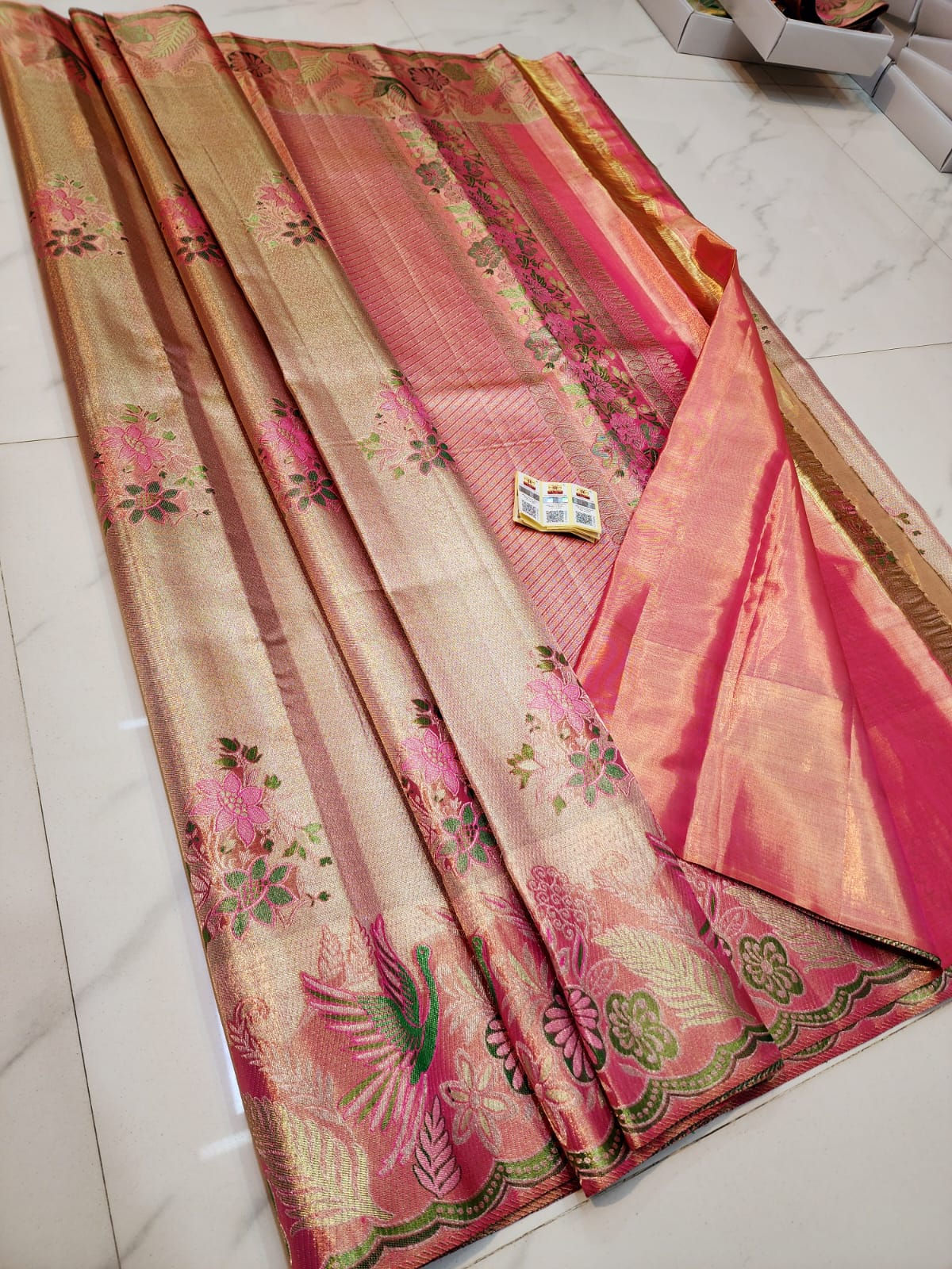 Pink colour with golden cream colour Kanchipuram pure silk bridal saree